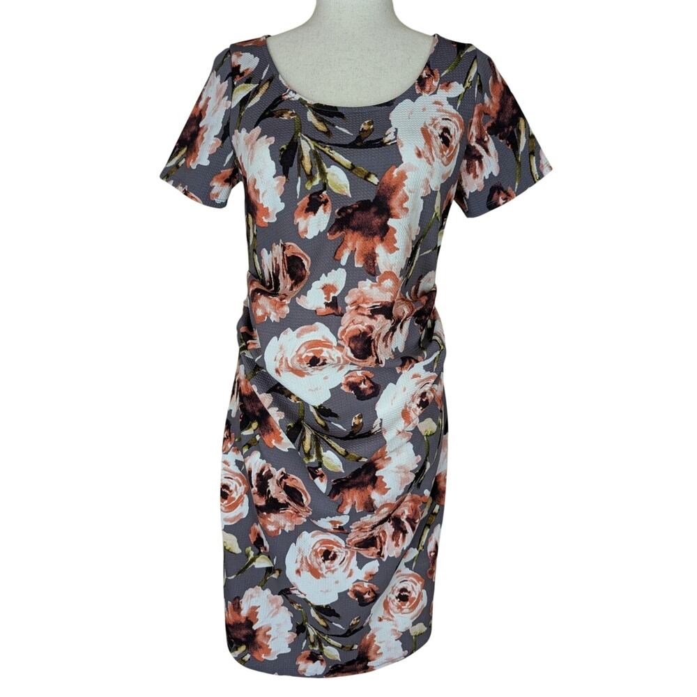 Hello Miz Maternity Medium Bodycon Dress Gray Pink Floral Stretch Side Ruching